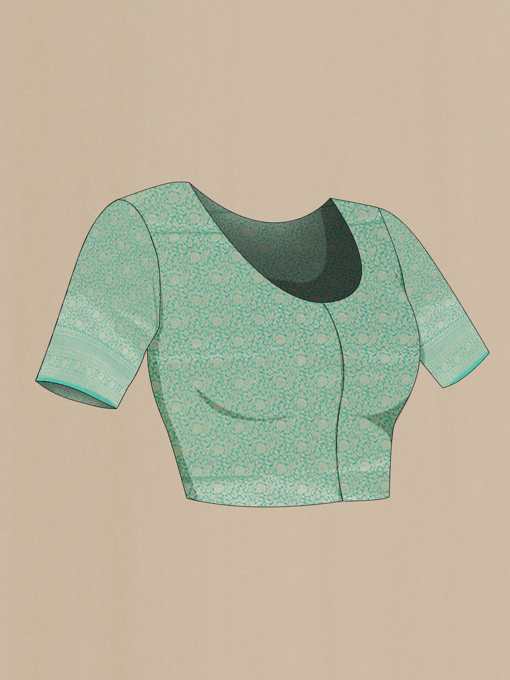 Close up image of the blouse of Turquoise Banarasi Silk Saree with Zari Butta on the body and Zari Border. 