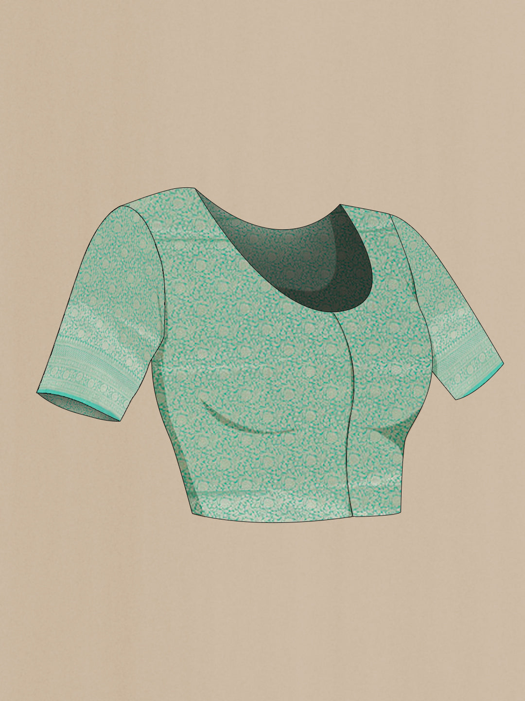 Close up image of the blouse of Turquoise Banarasi Silk Saree with Zari Butta on the body and Zari Border. 