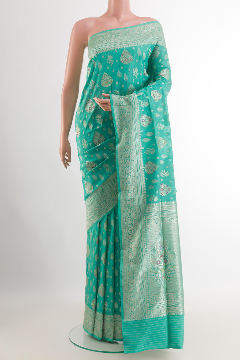 Turquoise Banarasi Silk Saree with Zari Butta on the body and Zari Border.  displayed on a mannequin