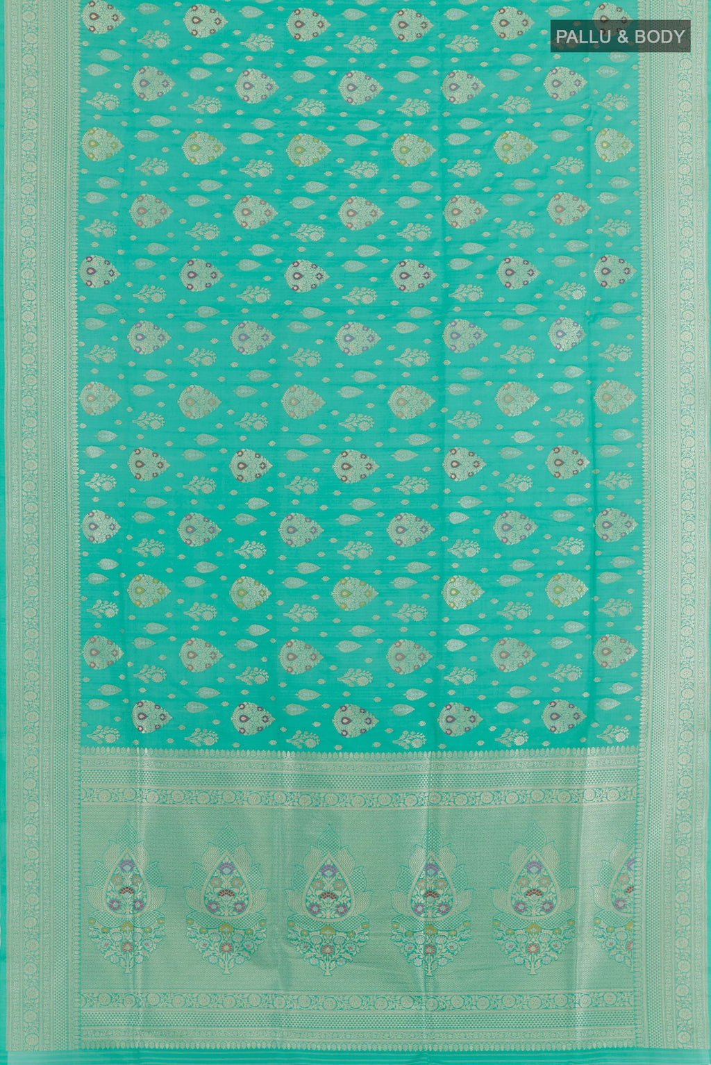 Flat view of Turquoise Banarasi Silk Saree with Zari Butta on the body and Zari Border. 