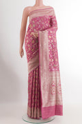 Pink Banarasi Silk Saree with Zari Brocade on the body and Zari Border.  displayed on a mannequin
