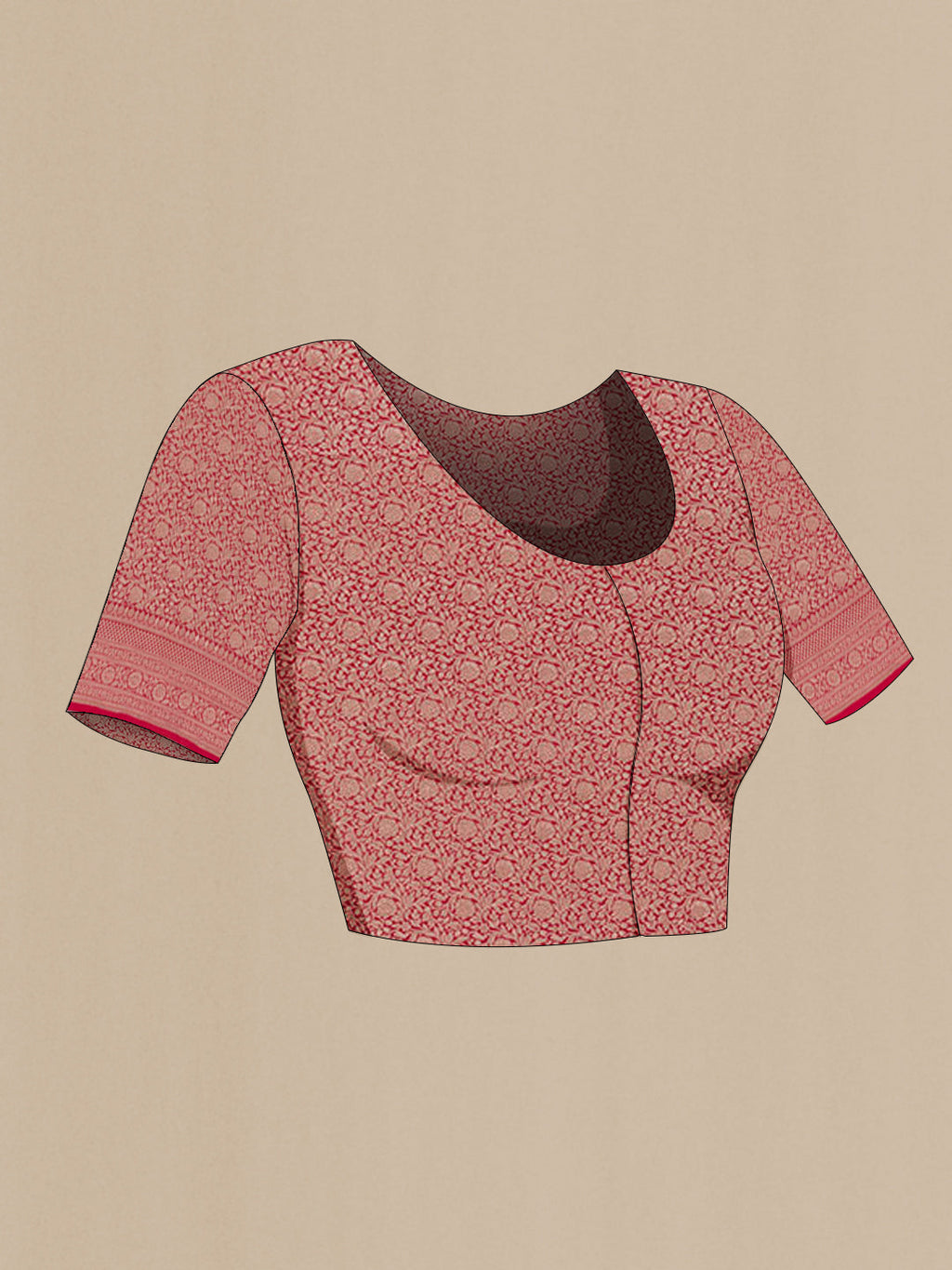 Close up image of the blouse of Red Banarasi Silk Saree with Zari Butta on the body and Zari Border. 