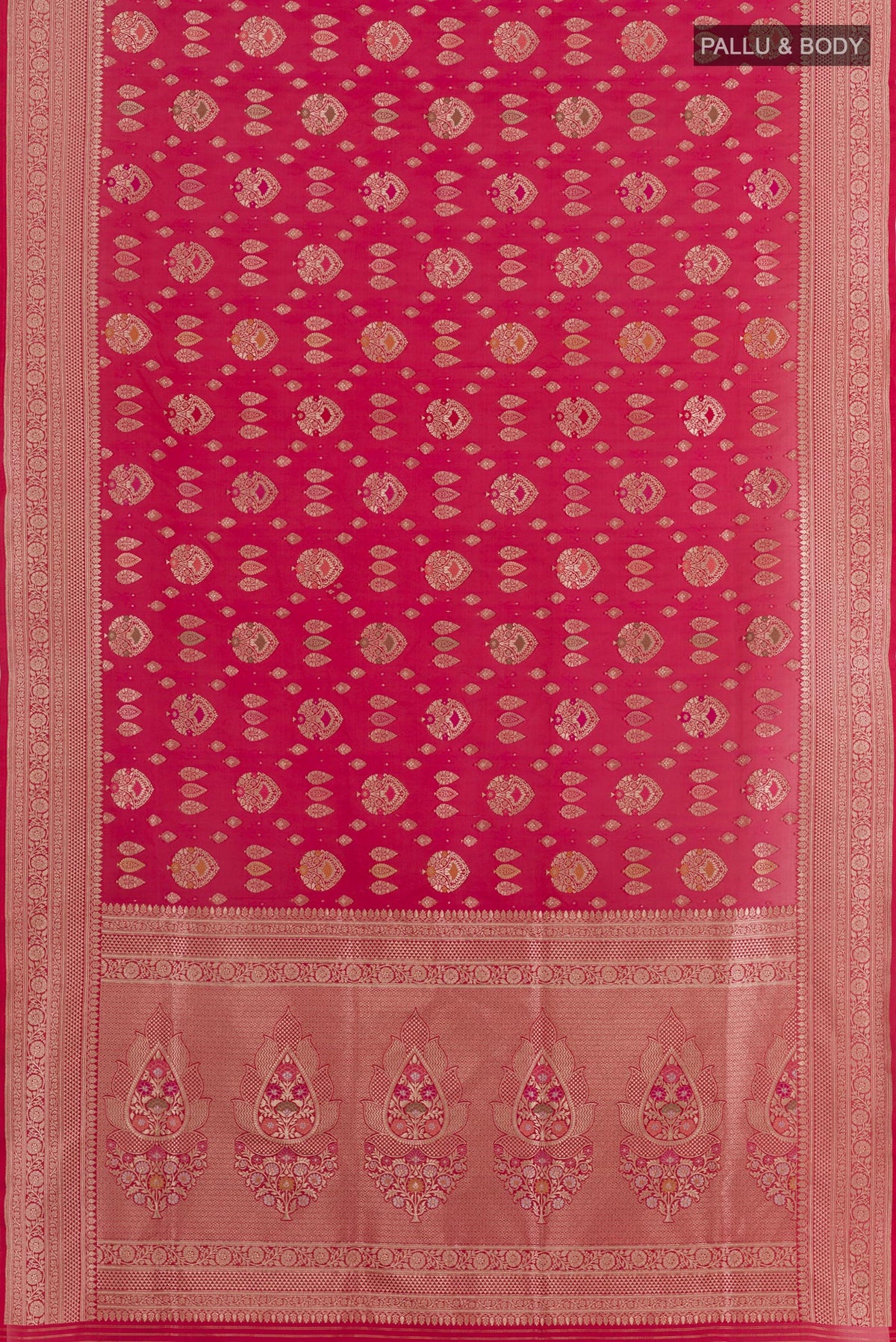 Flat view of Red Banarasi Silk Saree with Zari Butta on the body and Zari Border. 