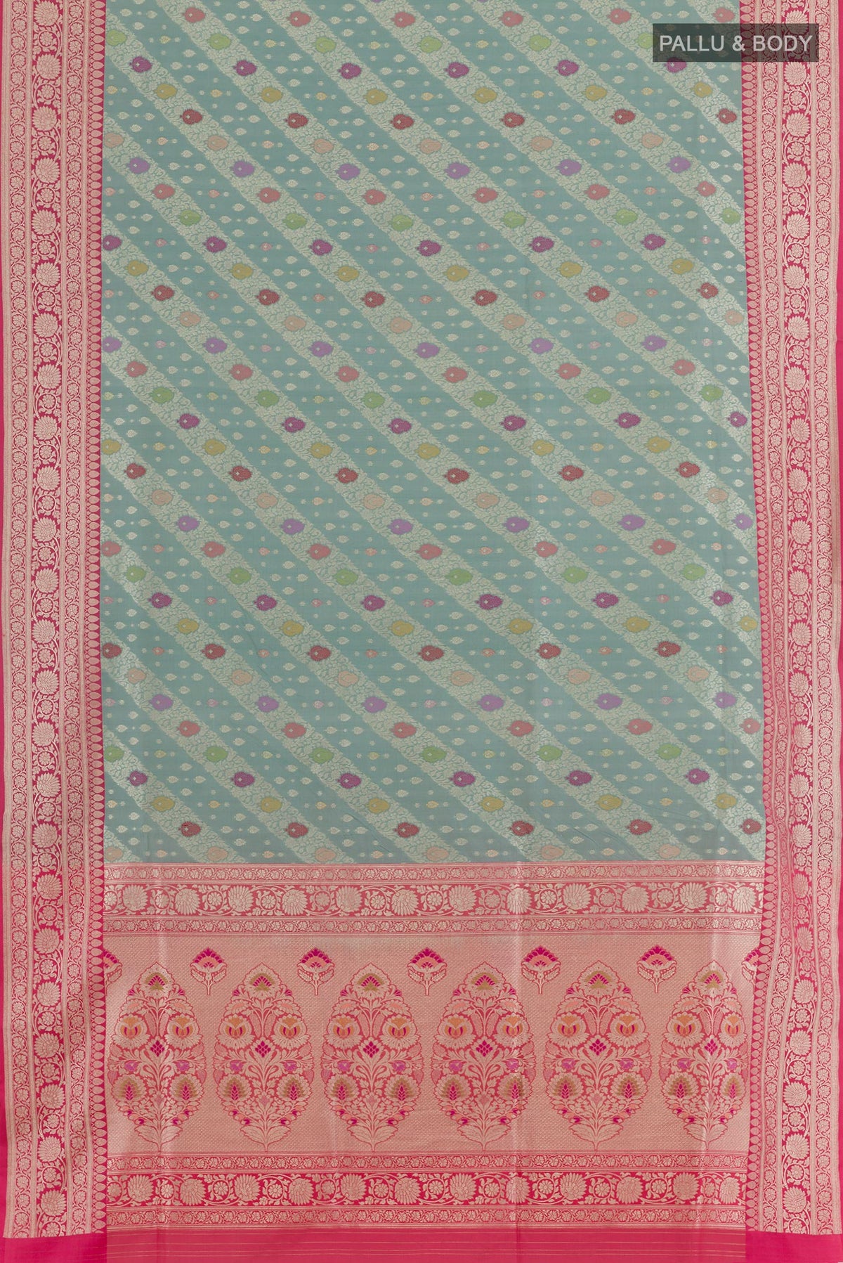 Flat view of Grey Banarasi Silk Saree with Zari Brocade on the body and Zari Border. 