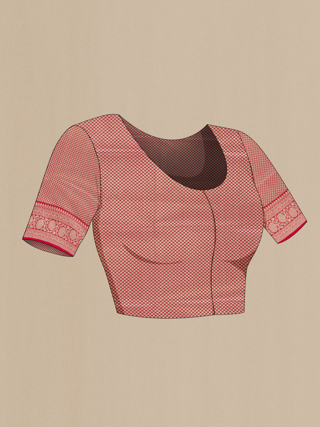 Close up image of the blouse of Pink Banarasi Silk Saree with Zari Brocade on the body and Zari Border. 