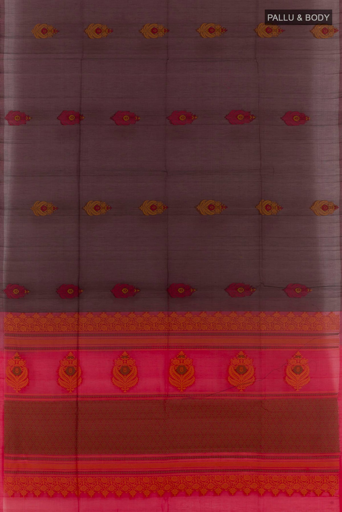 Flat view of Brown Blended Kora Cotton Saree with Thread Butta on the body and Zari Border. 
