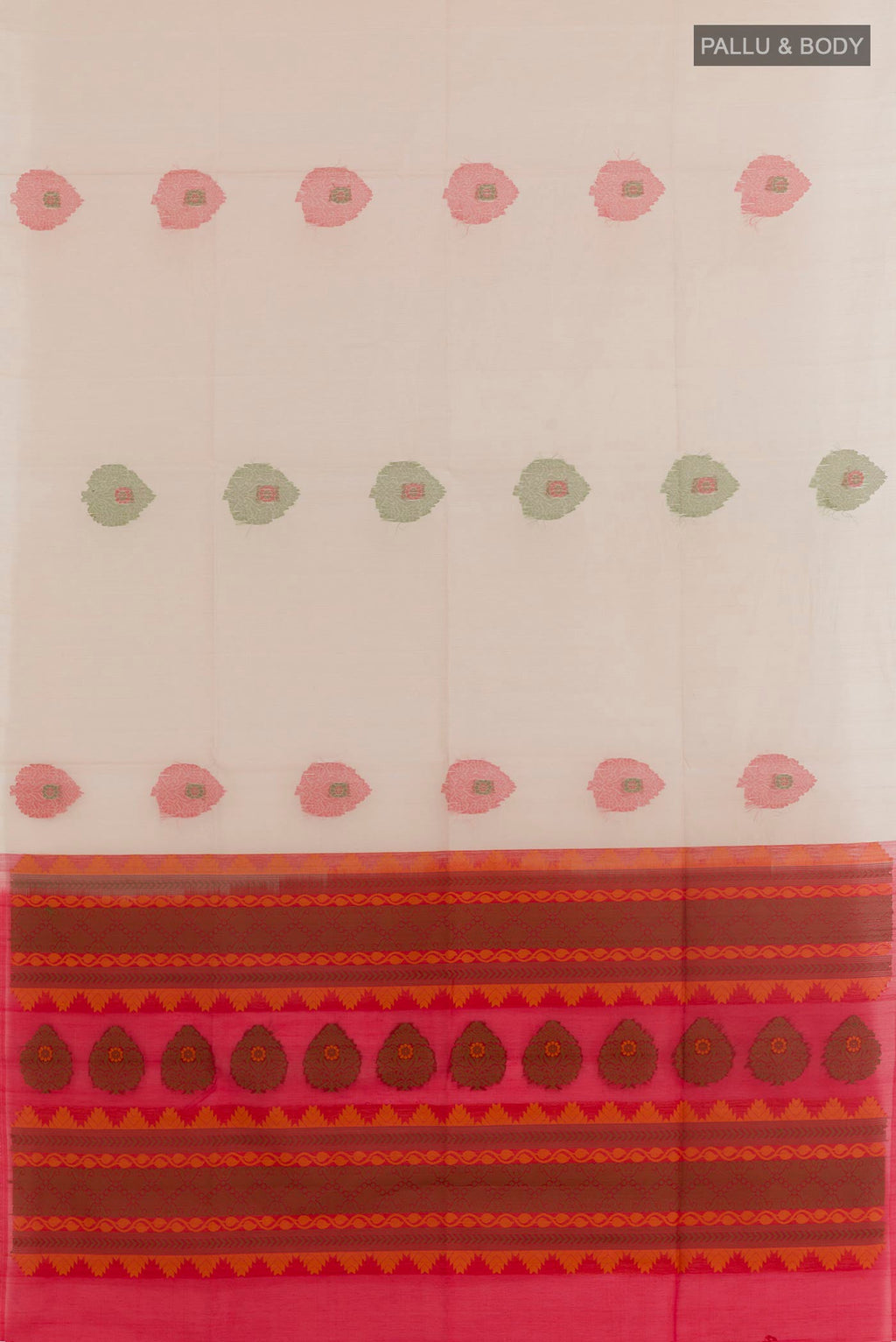 Flat view of Off White Blended Kora Cotton Saree with Zari Butta on the body and Zari Border. 