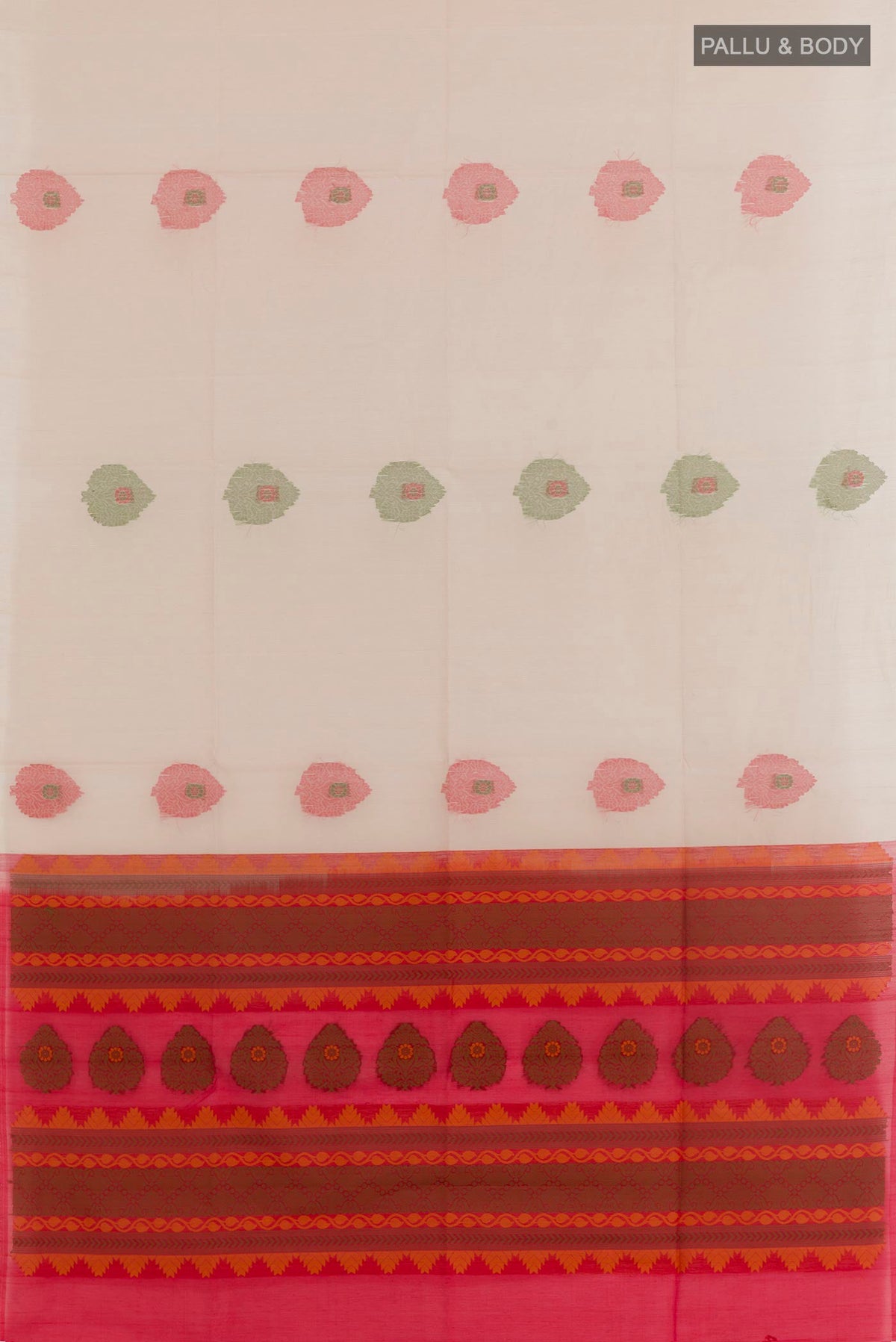 Flat view of Off White Blended Kora Cotton Saree with Zari Butta on the body and Zari Border. 