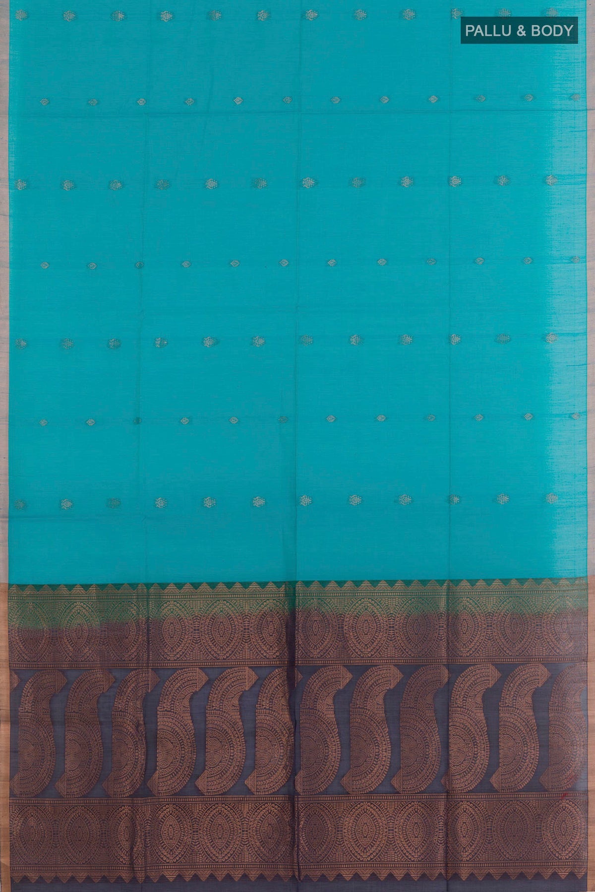 Flat view of Blue Silk Cotton Saree with Zari Butta on the body and Zari Border. 