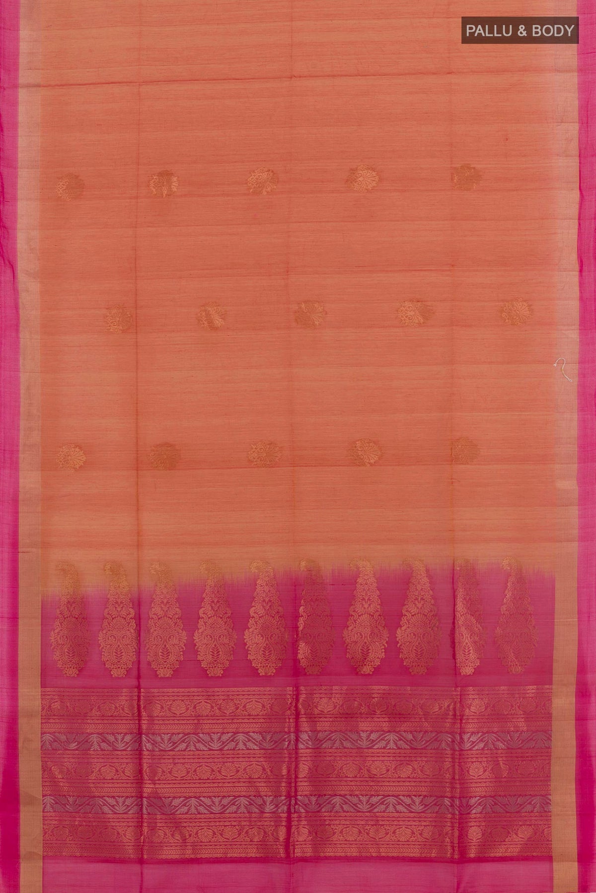 Flat view of Orange Blended Kora Cotton Saree with Zari Butta on the body and Zari Border. 