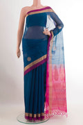 Dark Blue Blended Kora Cotton Saree with Zari Butta on the body and Zari Border.  displayed on a mannequin
