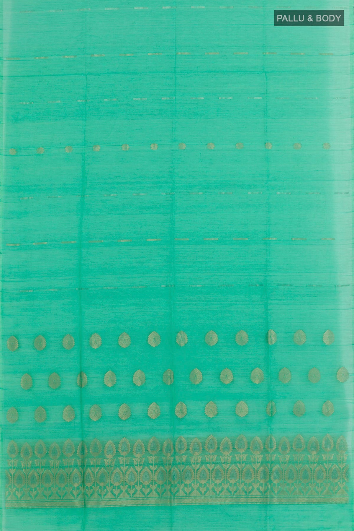 Flat view of Green Silk Cotton Saree with Zari Butta on the body and Without Border. 