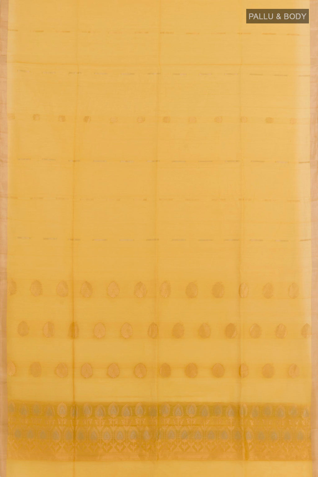 Flat view of Yellow Silk Cotton Saree with Zari Butta on the body and Zari Border. 