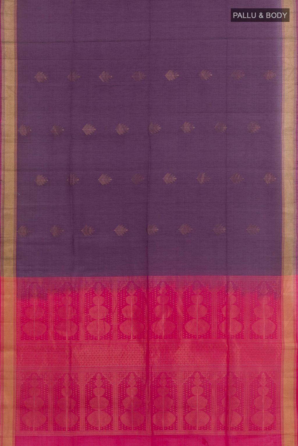 Flat view of Purple Silk Cotton Saree with Zari Butta on the body and Zari Border. 