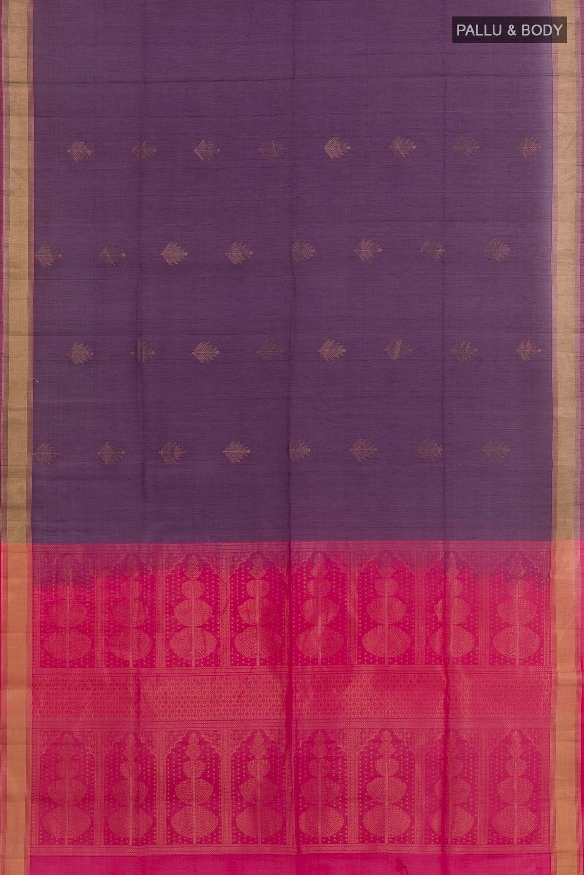 Flat view of Purple Silk Cotton Saree with Zari Butta on the body and Zari Border. 