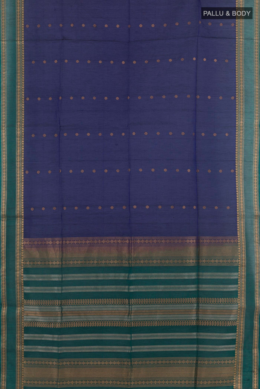 Flat view of Dark Blue Blended Kora Cotton Saree with Zari Butta on the body and Zari Border. 