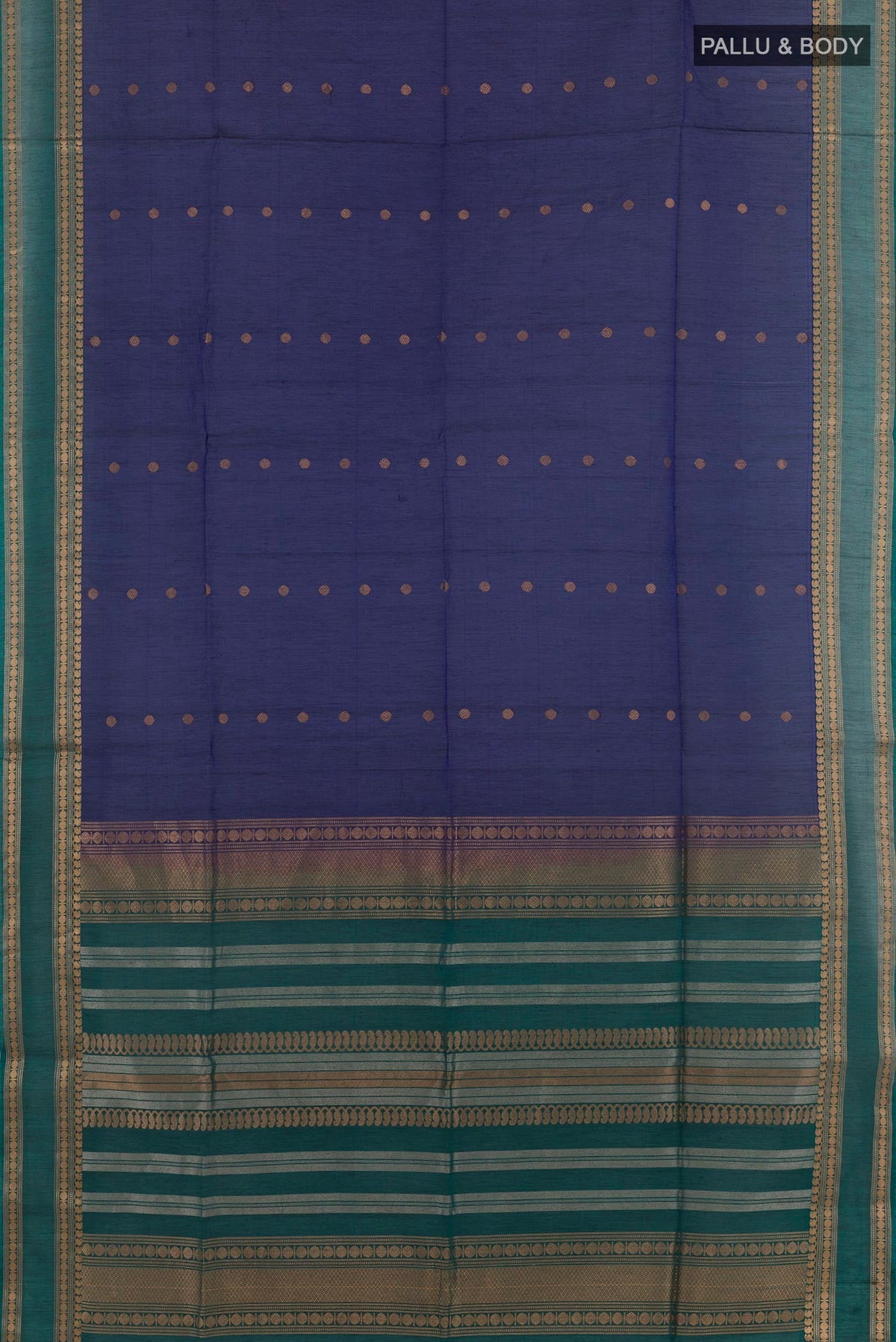Flat view of Dark Blue Blended Kora Cotton Saree with Zari Butta on the body and Zari Border. 