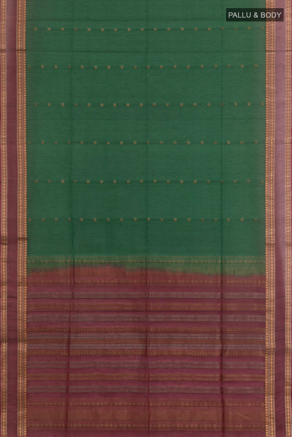 Flat view of Bottle Green Silk Cotton Saree with Zari Butta on the body and Zari Border. 