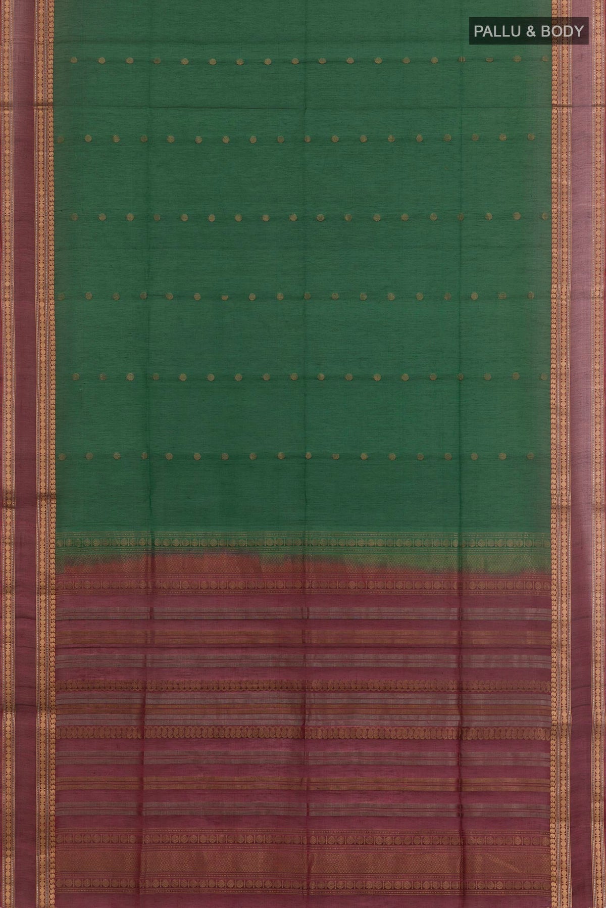 Flat view of Green Kora Cotton Saree with Zari Butta on the body and Zari Border. 