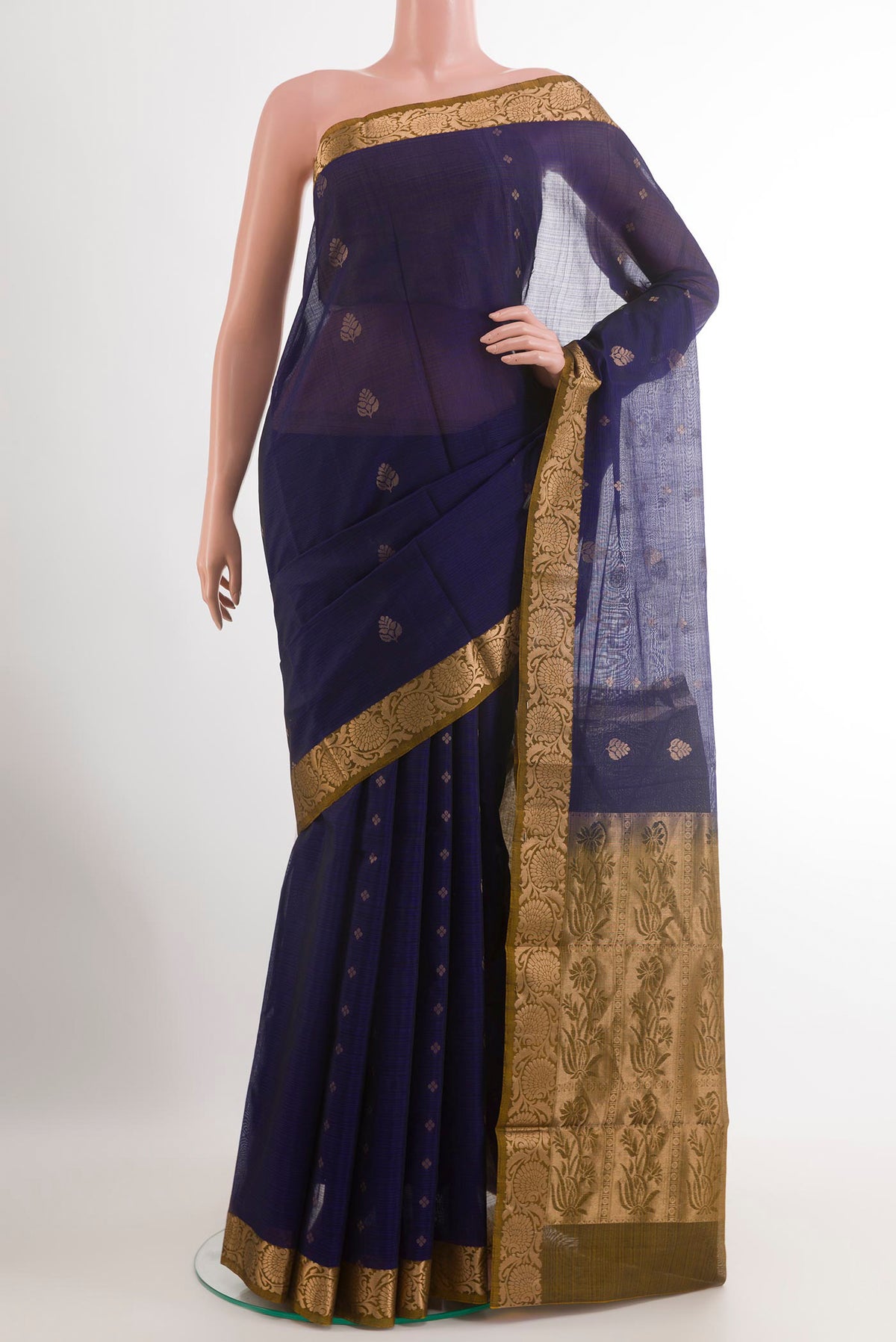 Blue Silk Cotton Saree with Zari Butta on the body and Zari Border.  displayed on a mannequin
