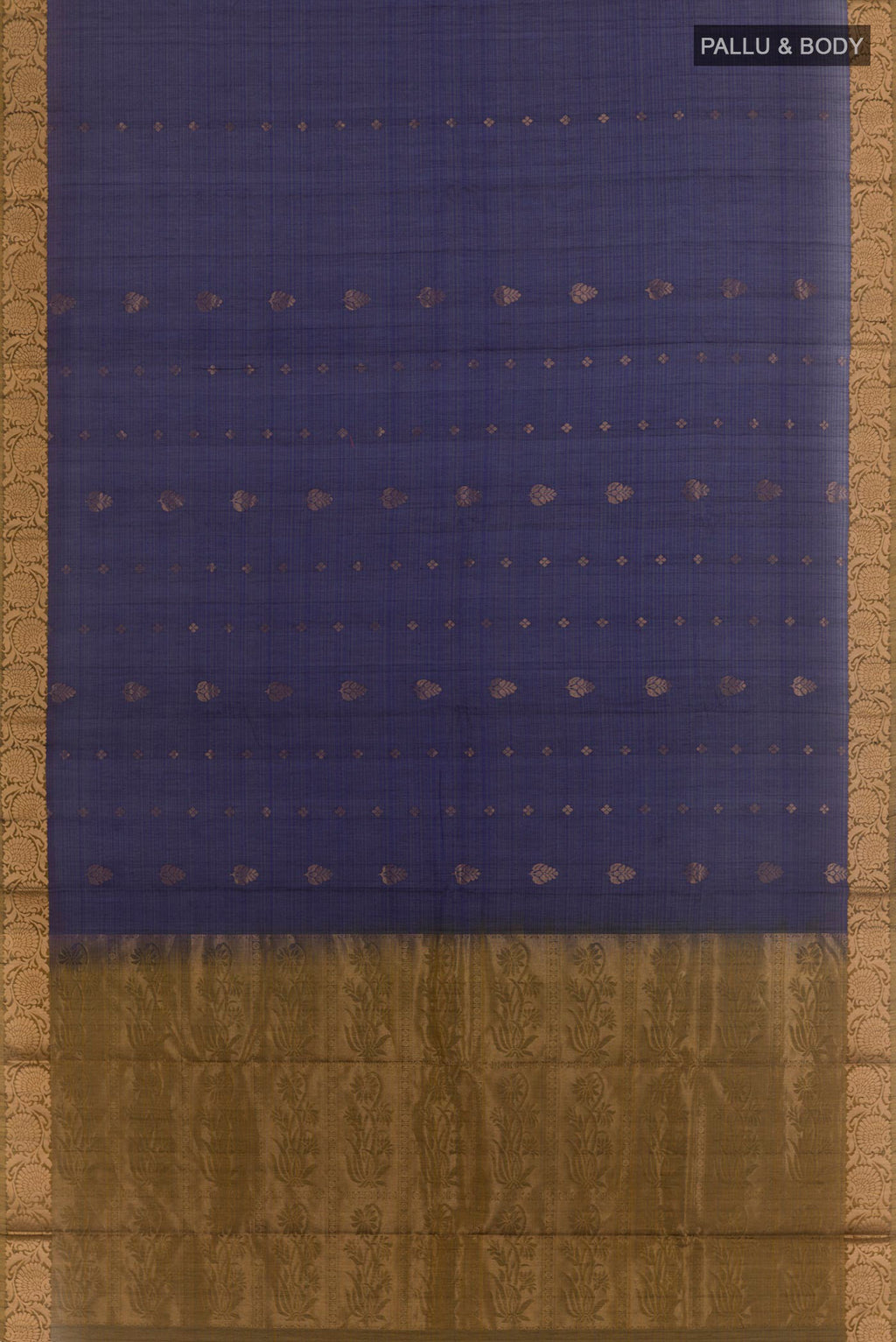 Flat view of Blue Silk Cotton Saree with Zari Butta on the body and Zari Border. 