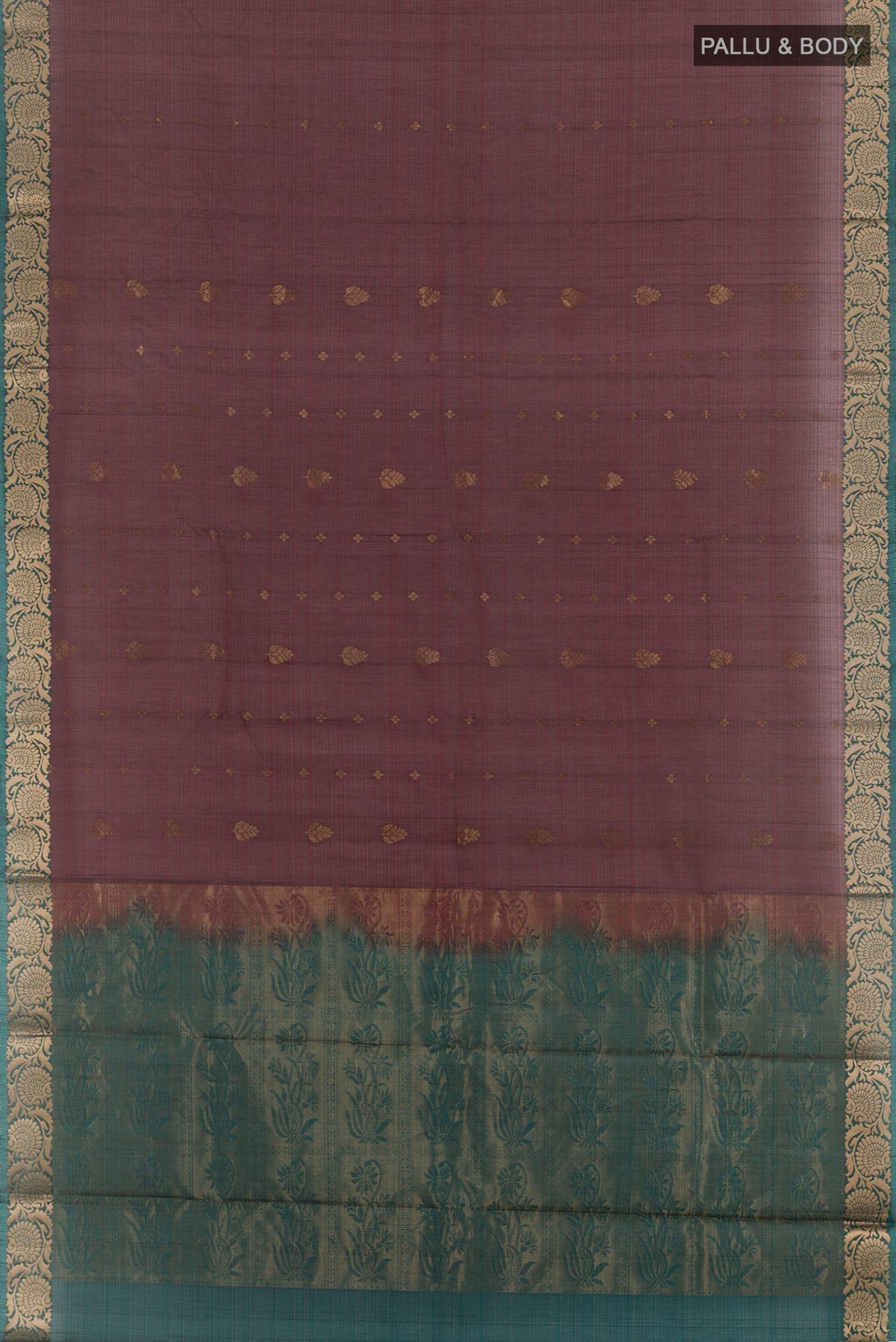 Flat view of Maroon Blended Kora Cotton Saree with Zari Butta on the body and Plain Border. 