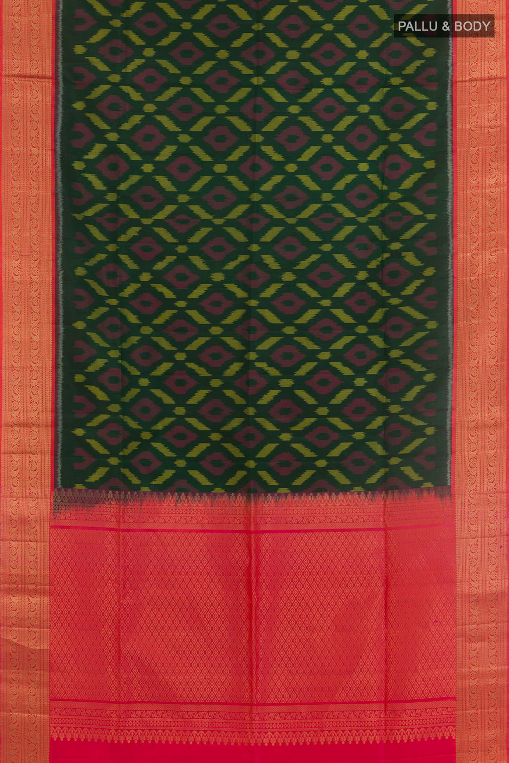 Flat view of Bottle Green Soft Silk Saree with Ikat design on the body and Zari Border. 