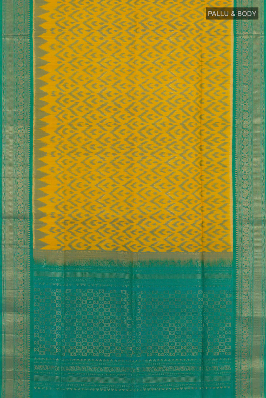Flat view of Yellow Soft Silk Saree with Ikat design on the body and Zari Border. 