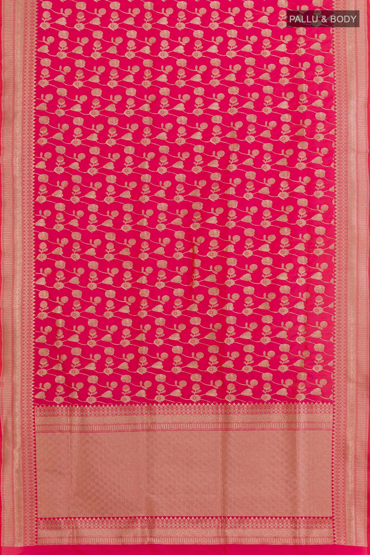 Flat view of Pink Banarasi Silk Saree with Zari Brocade on the body and Zari Border. 