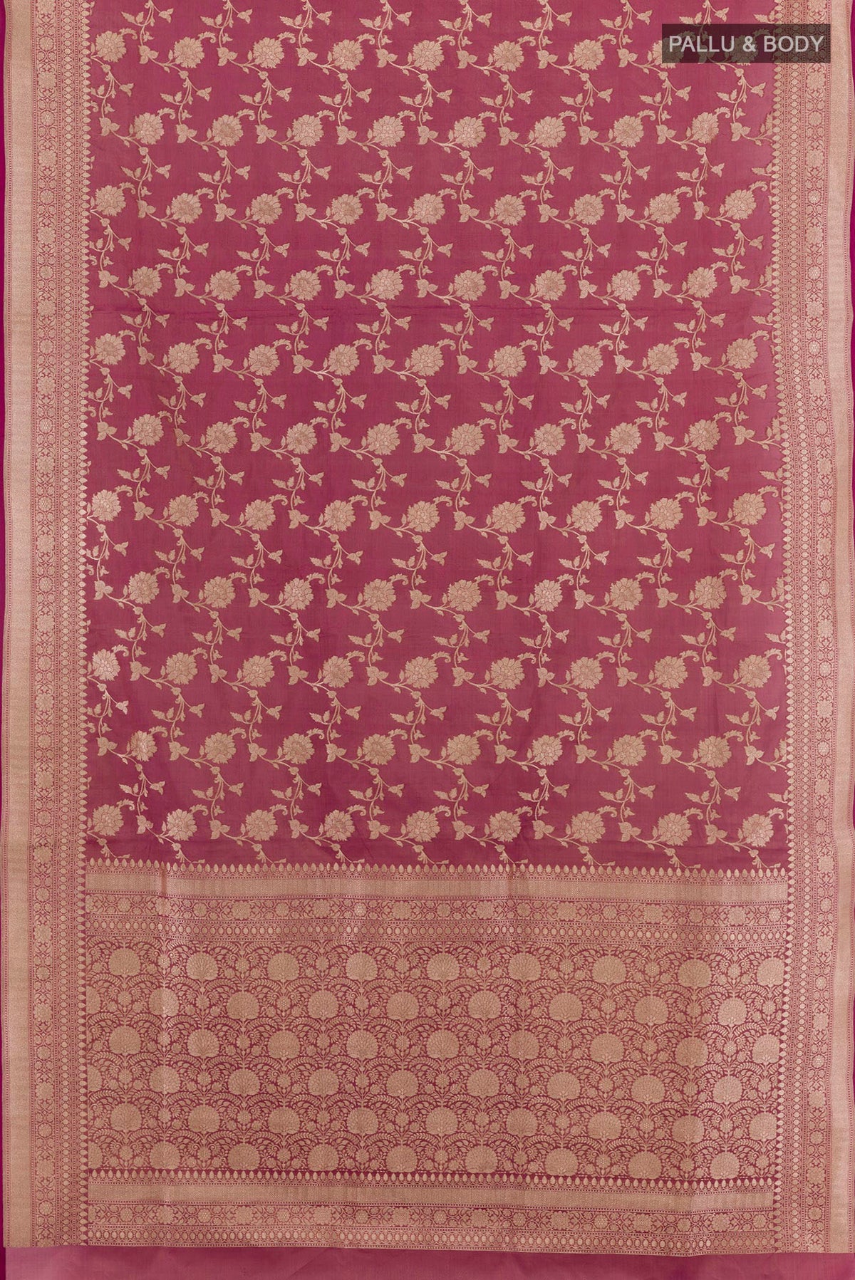 Flat view of Purple Banarasi Silk Saree with Zari Brocade on the body and Zari Border. 