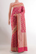 Pink with Orange Color Banarasi Silk Saree with Zari Brocade on the body and Zari Border.  displayed on a mannequin