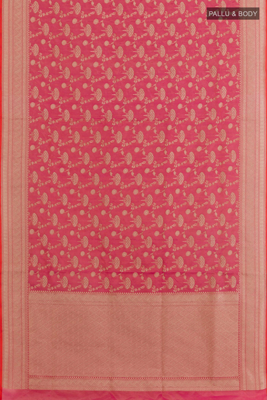Flat view of Pink with Orange Color Banarasi Silk Saree with Zari Brocade on the body and Zari Border. 