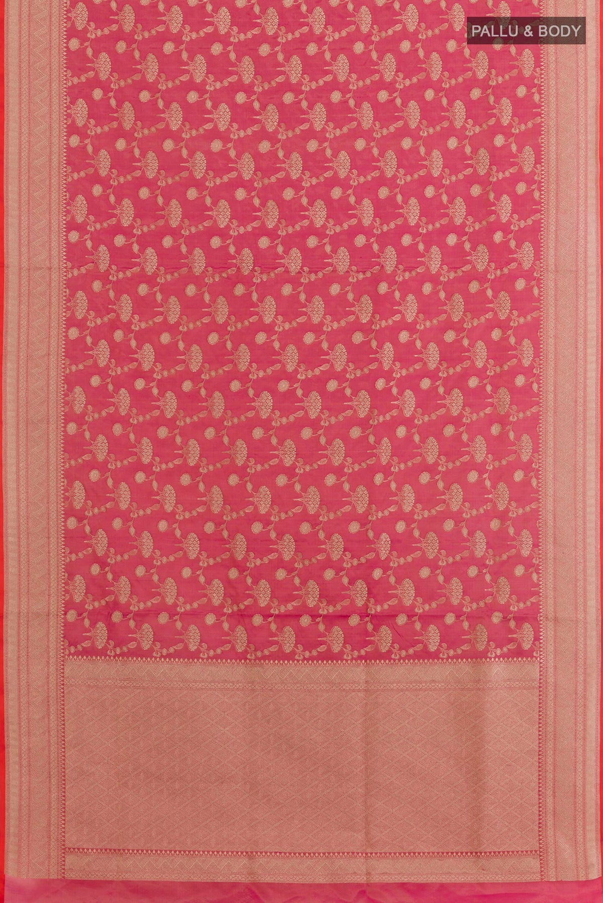 Flat view of Pink with Orange Color Banarasi Silk Saree with Zari Brocade on the body and Zari Border. 