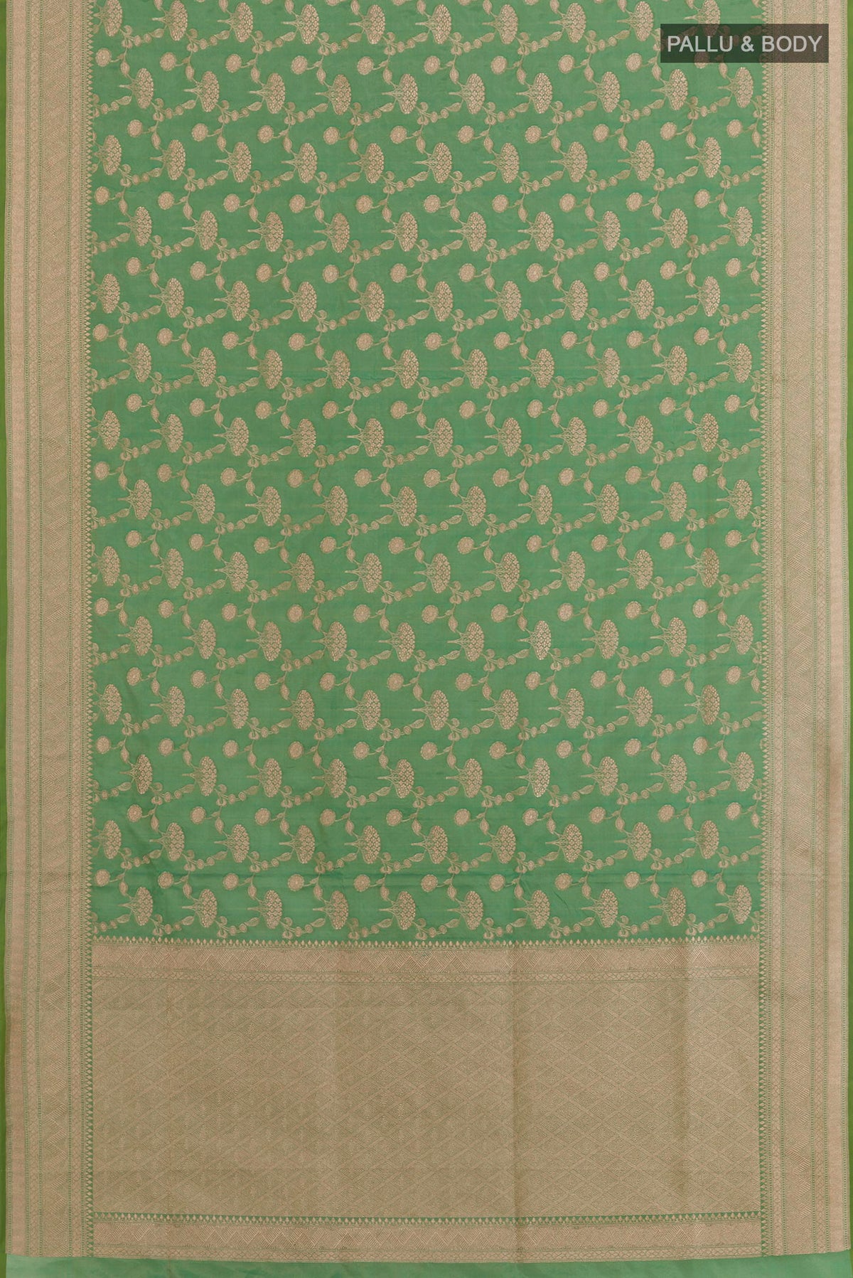 Flat view of Green Banarasi Silk Saree with Zari Brocade on the body and Zari Border. 