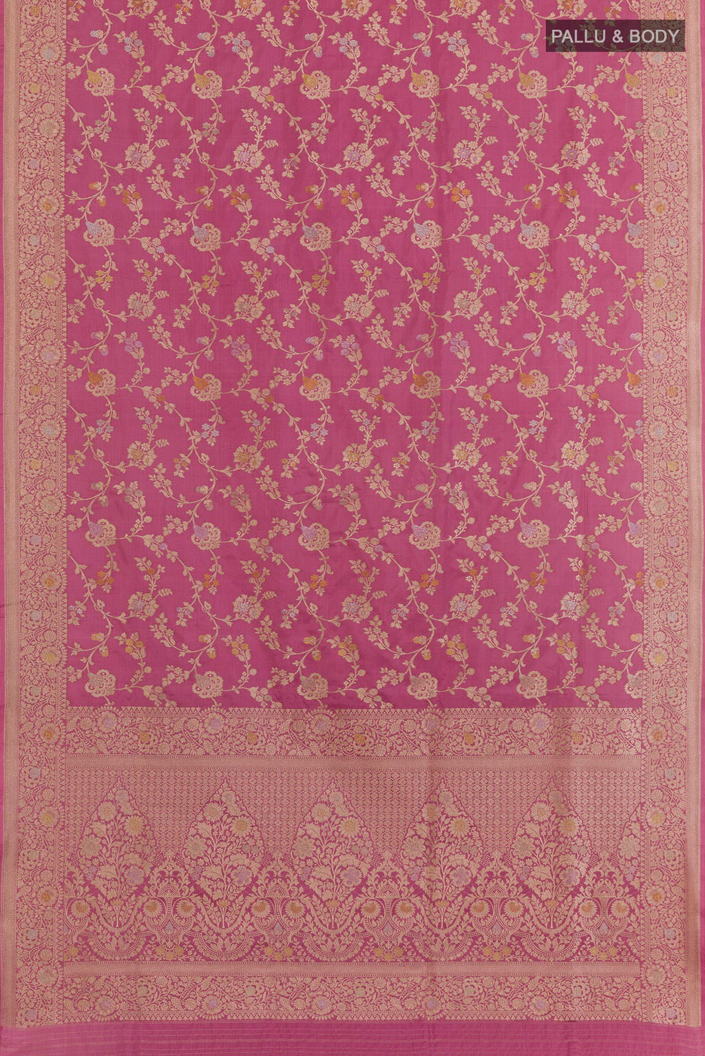 Flat view of Pink Banarasi Silk Saree with Zari Brocade on the body and Zari Border. 