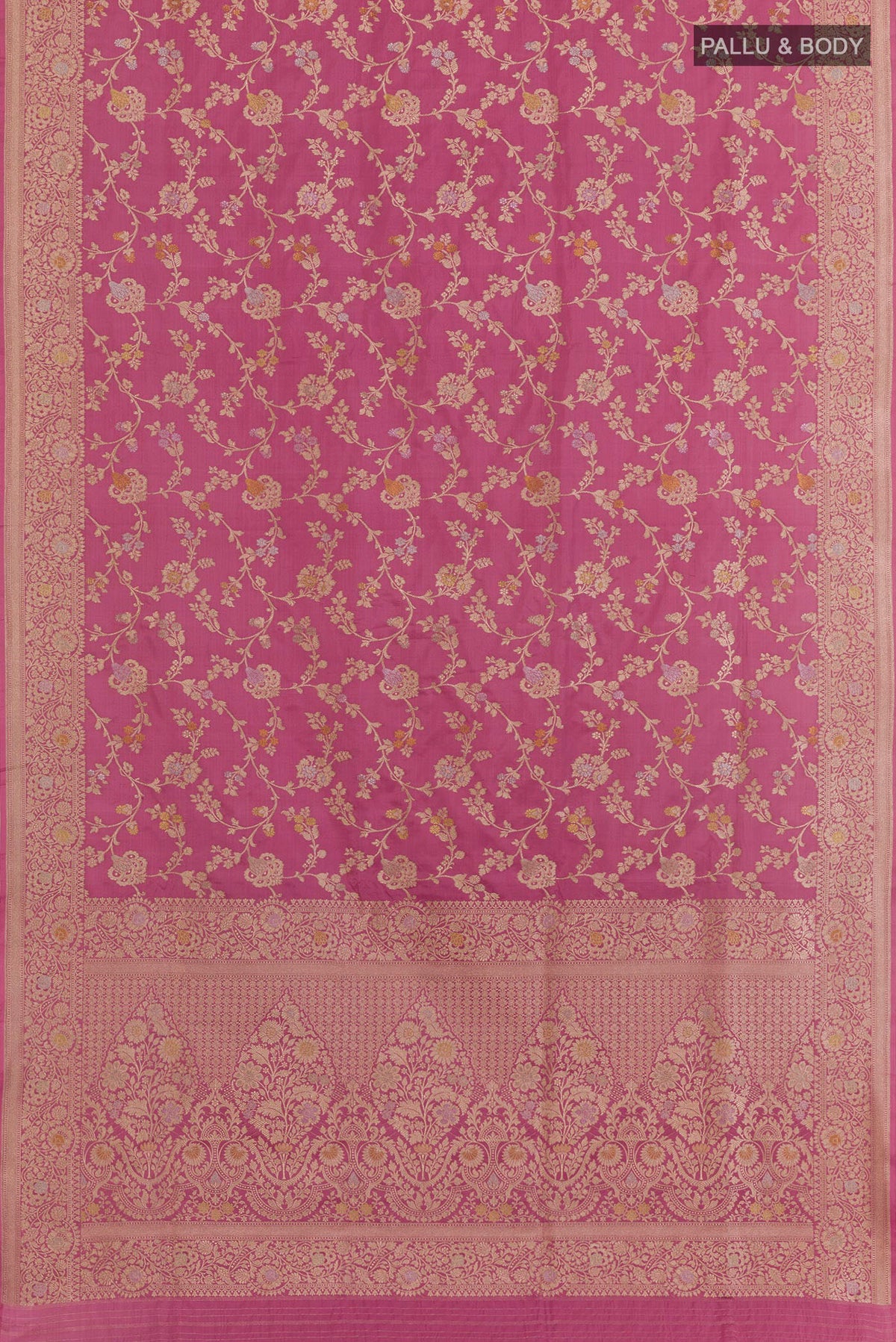 Flat view of Pink Banarasi Silk Saree with Zari Brocade on the body and Zari Border. 