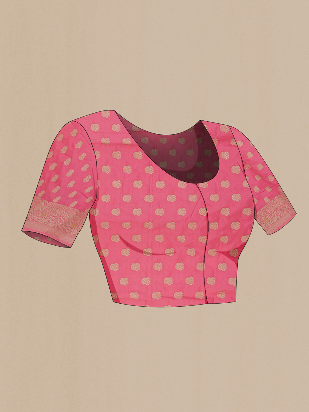 Close up image of the blouse of Pink Banarasi Silk Saree with Zari Brocade on the body and Zari Border. 