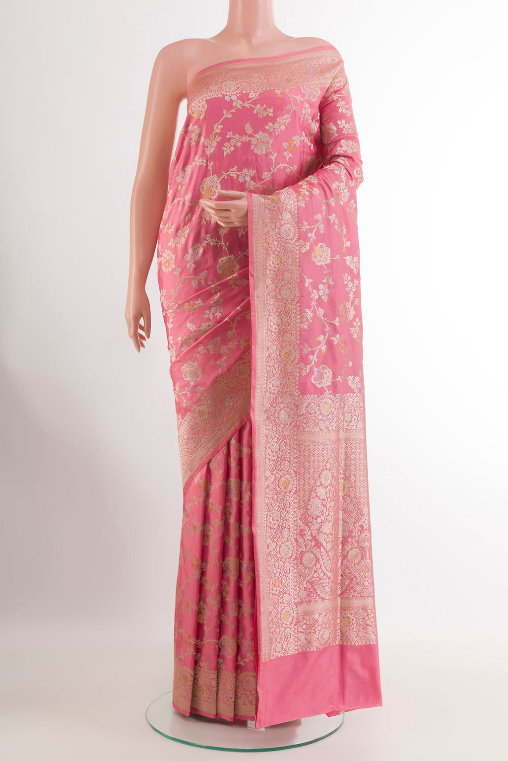 Pink Banarasi Silk Saree with Zari Brocade on the body and Zari Border.  displayed on a mannequin