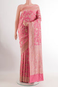Pink Banarasi Silk Saree with Zari Brocade on the body and Zari Border.  displayed on a mannequin