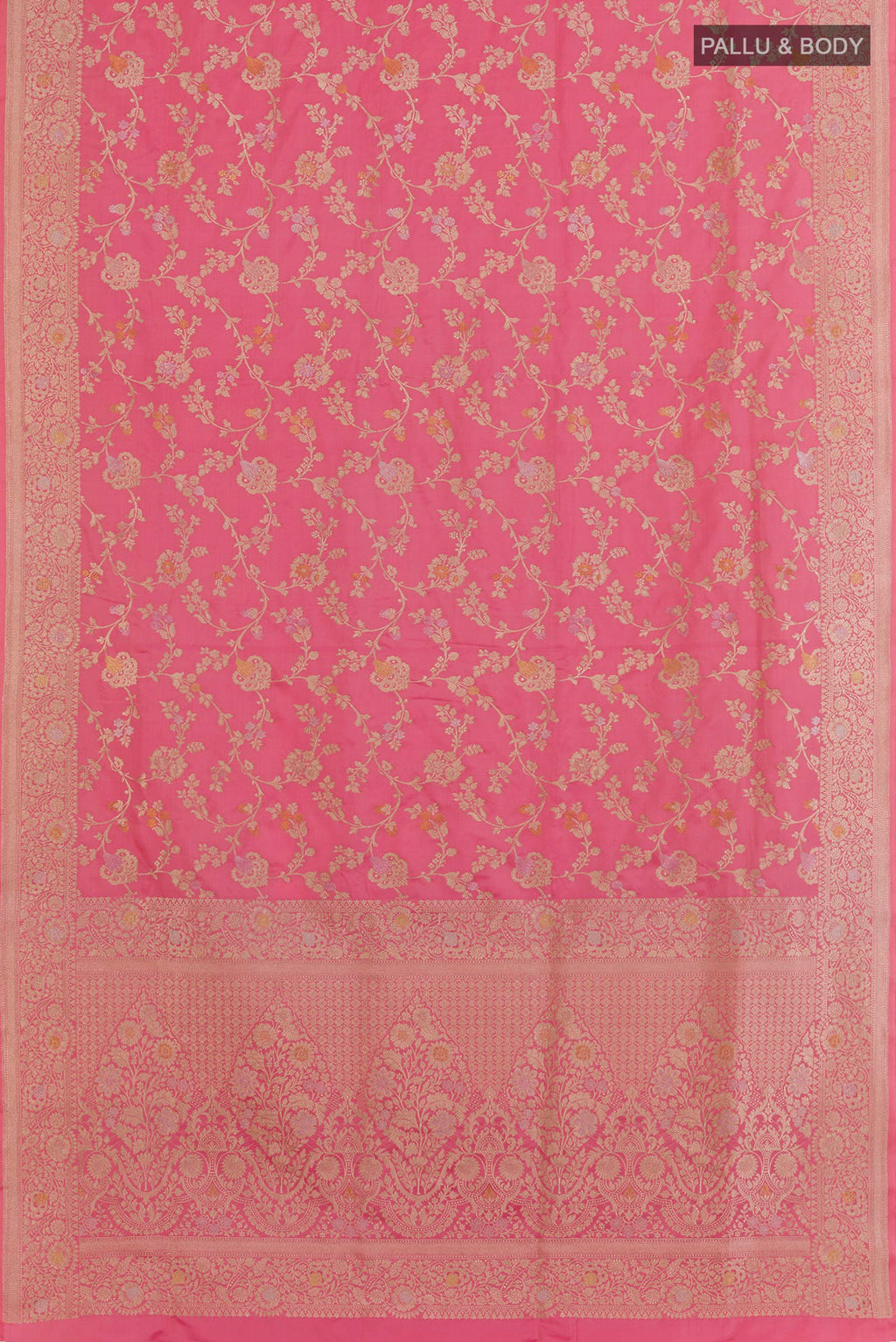 Flat view of Pink Banarasi Silk Saree with Zari Brocade on the body and Zari Border. 