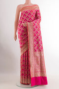 Pink Banarasi Silk Saree with Zari Brocade on the body and Zari Border.  displayed on a mannequin