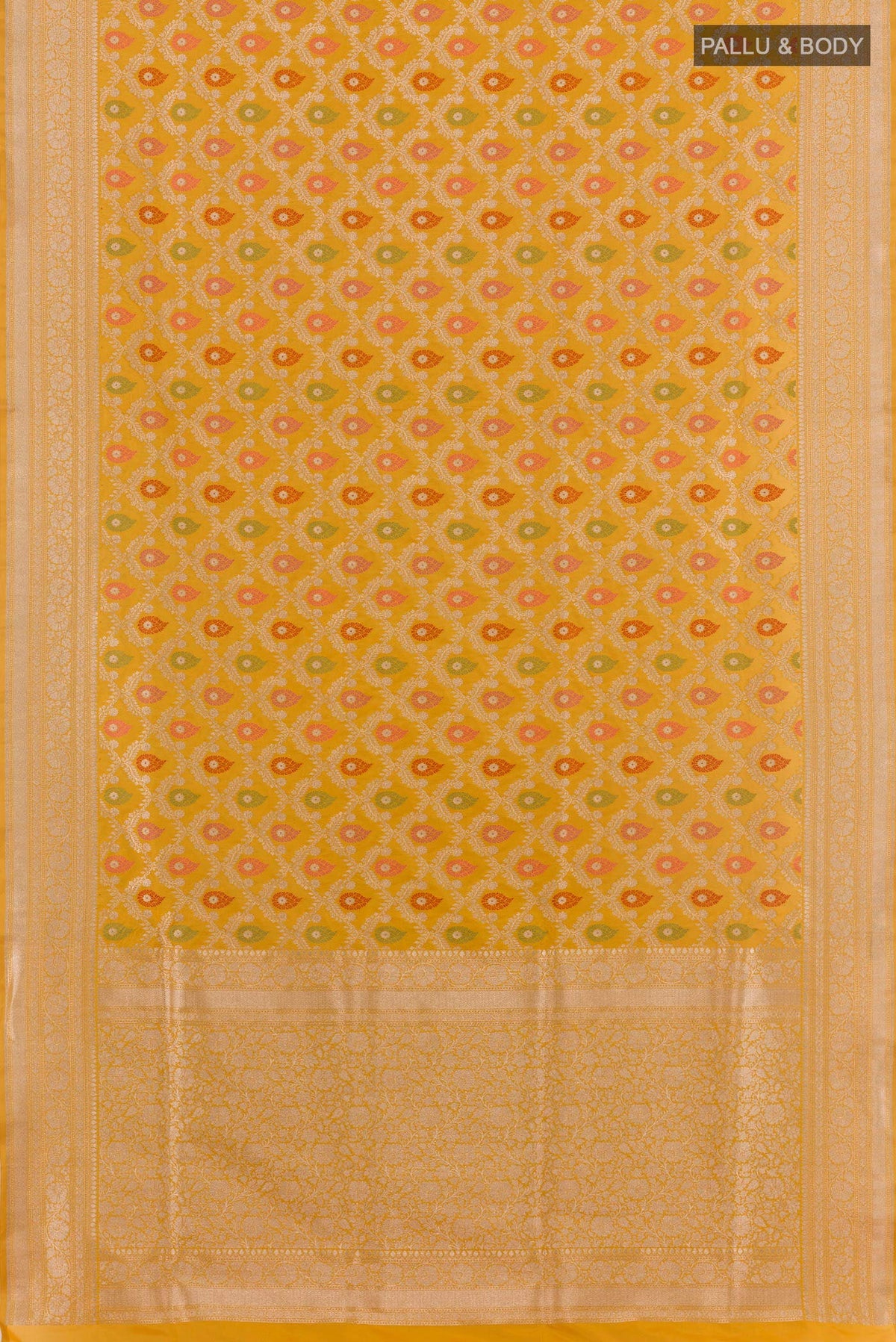 Flat view of Yellow Banarasi Silk Saree with Zari Brocade on the body and Zari Border. 