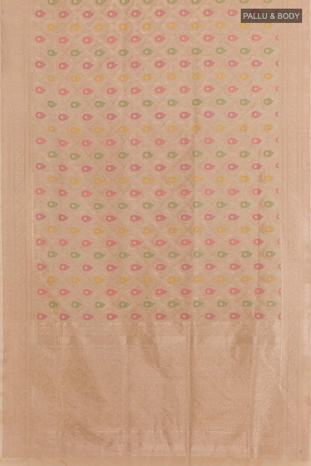 Flat view of Beige Banarasi Silk Saree with Zari Brocade on the body and Zari Border. 