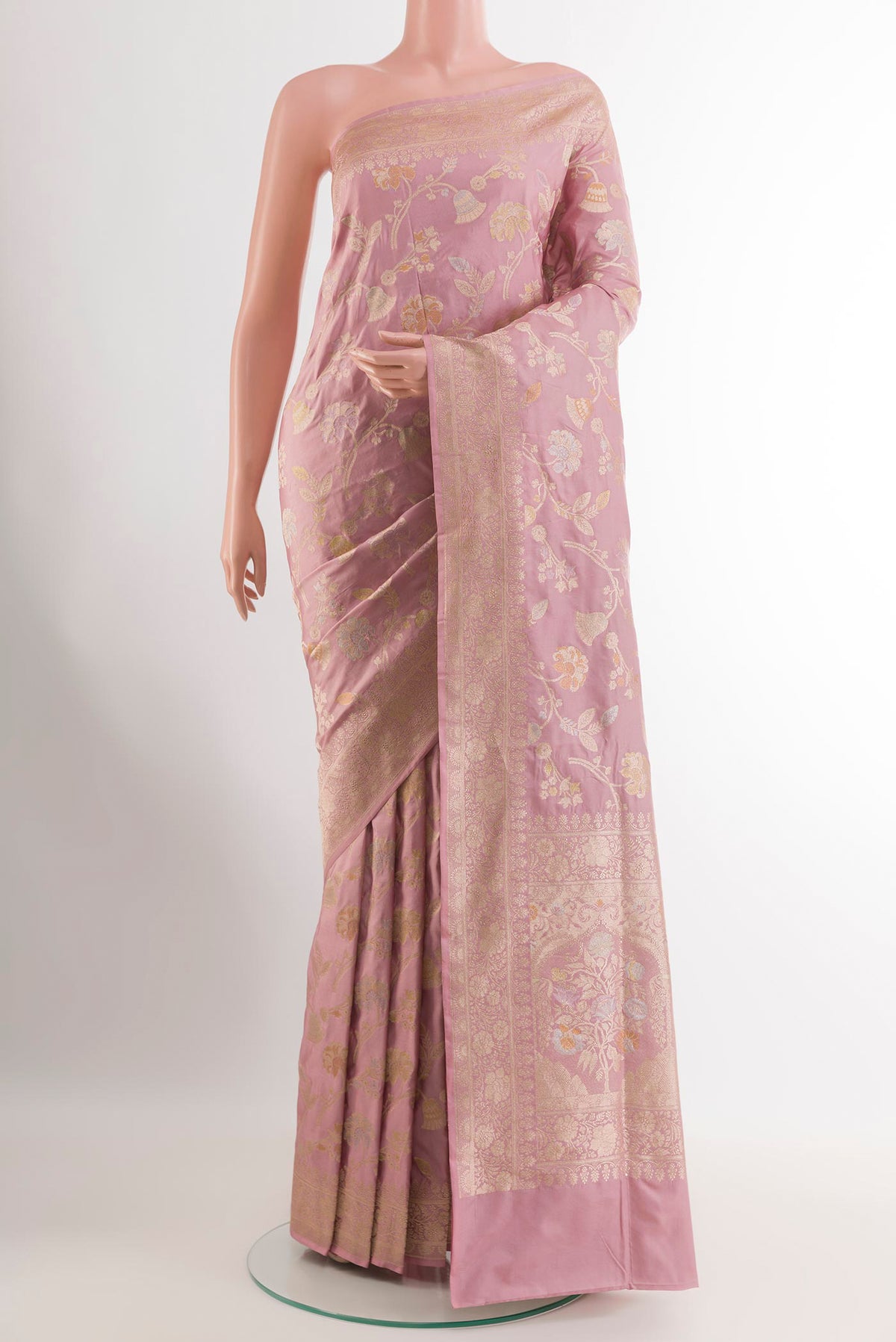 Lavender Banarasi Silk Saree with Zari Brocade on the body and Zari Border.  displayed on a mannequin