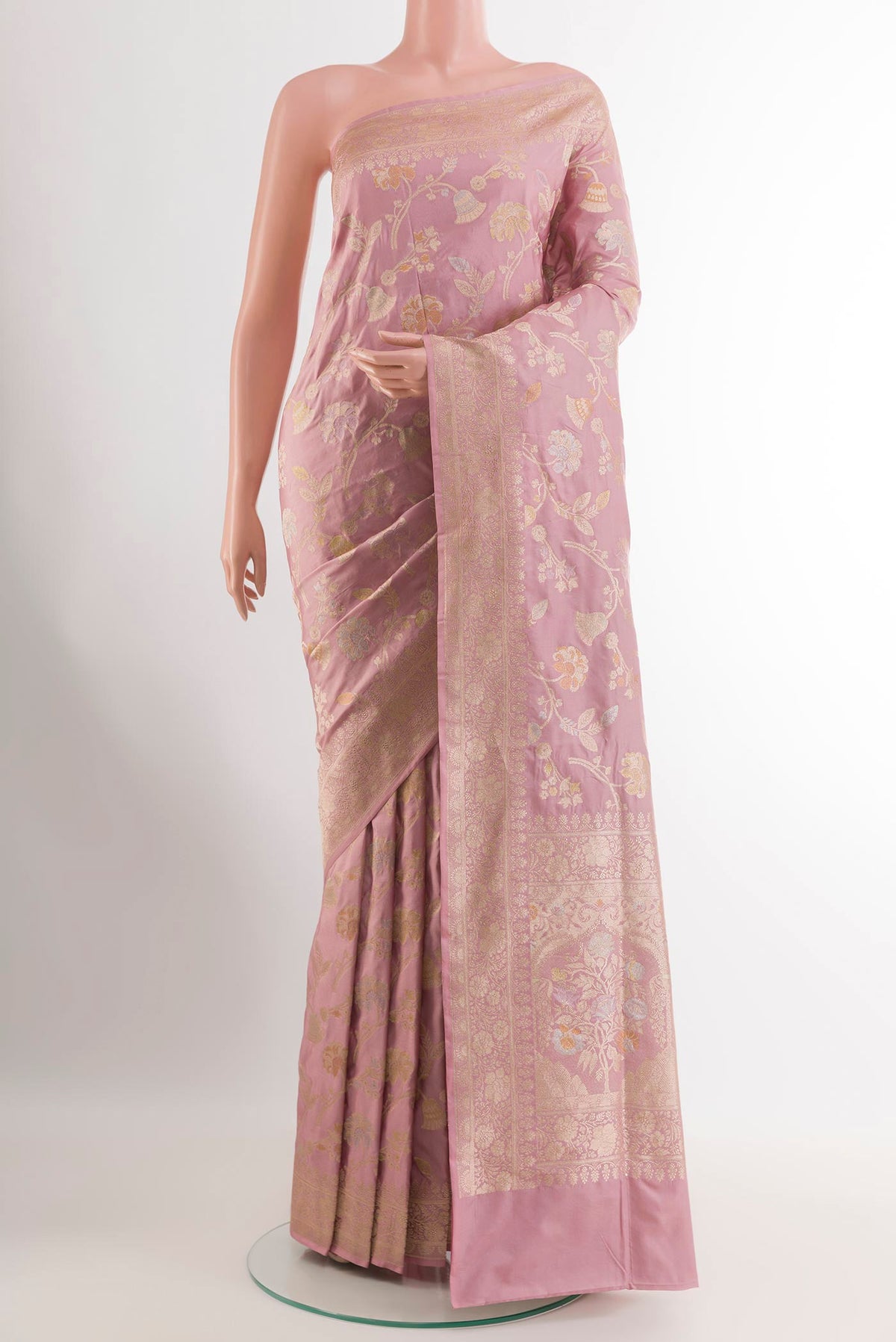 Lavender Banarasi Silk Saree with Zari Brocade on the body and Zari Border.  displayed on a mannequin