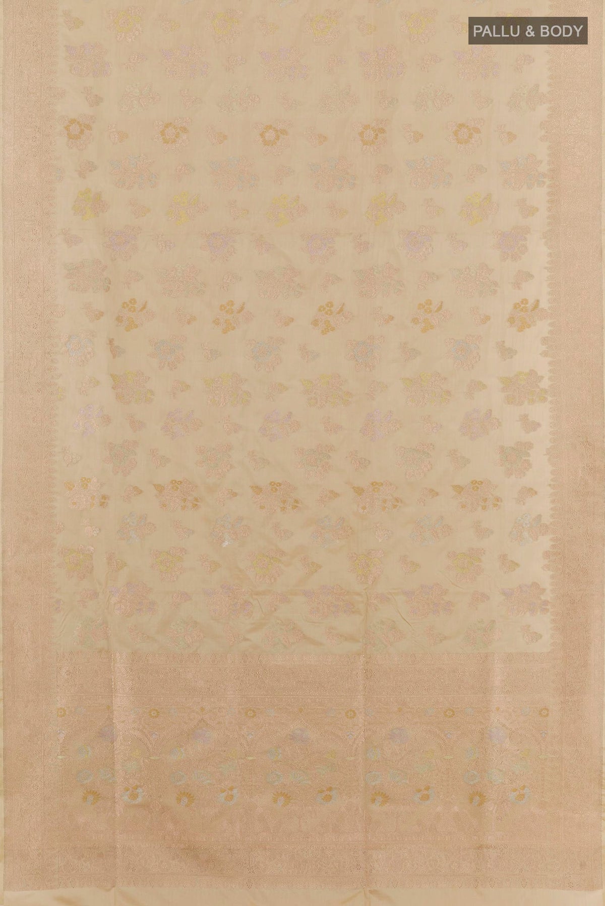 Flat view of Cream Banarasi Silk Saree with Zari Brocade on the body and Zari Border. 
