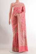 Coral Banarasi Silk Saree with Zari Brocade on the body and Zari Border.  displayed on a mannequin