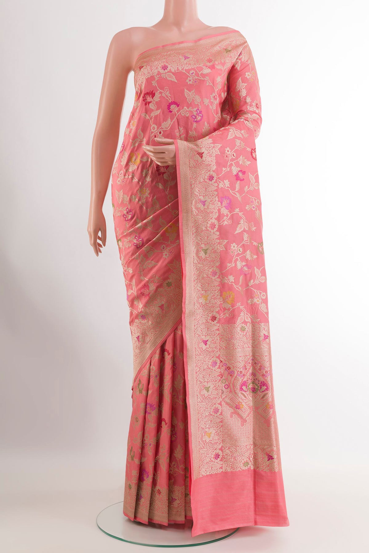 Coral Banarasi Silk Saree with Zari Brocade on the body and Zari Border.  displayed on a mannequin