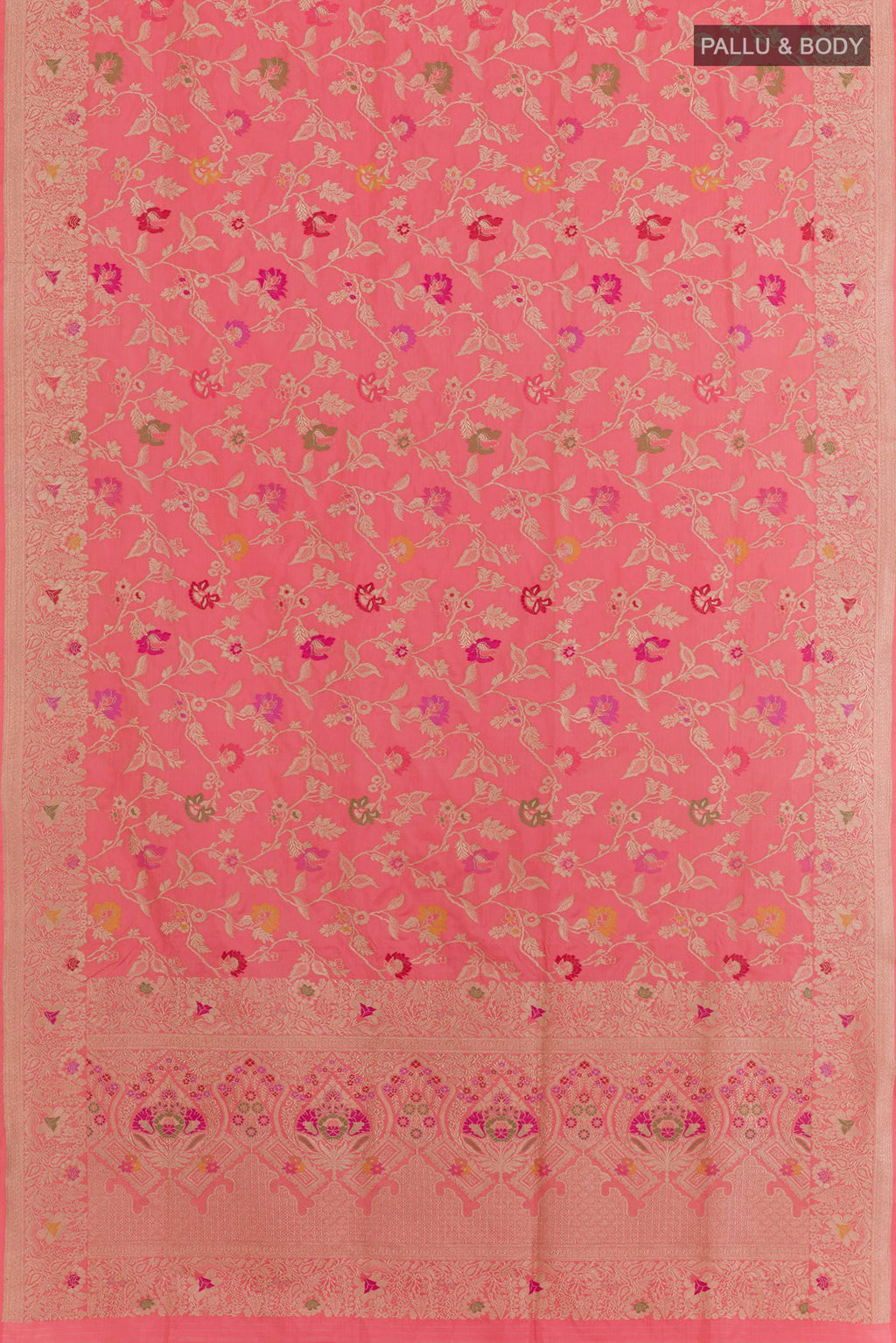 Flat view of Coral Banarasi Silk Saree with Zari Brocade on the body and Zari Border. 