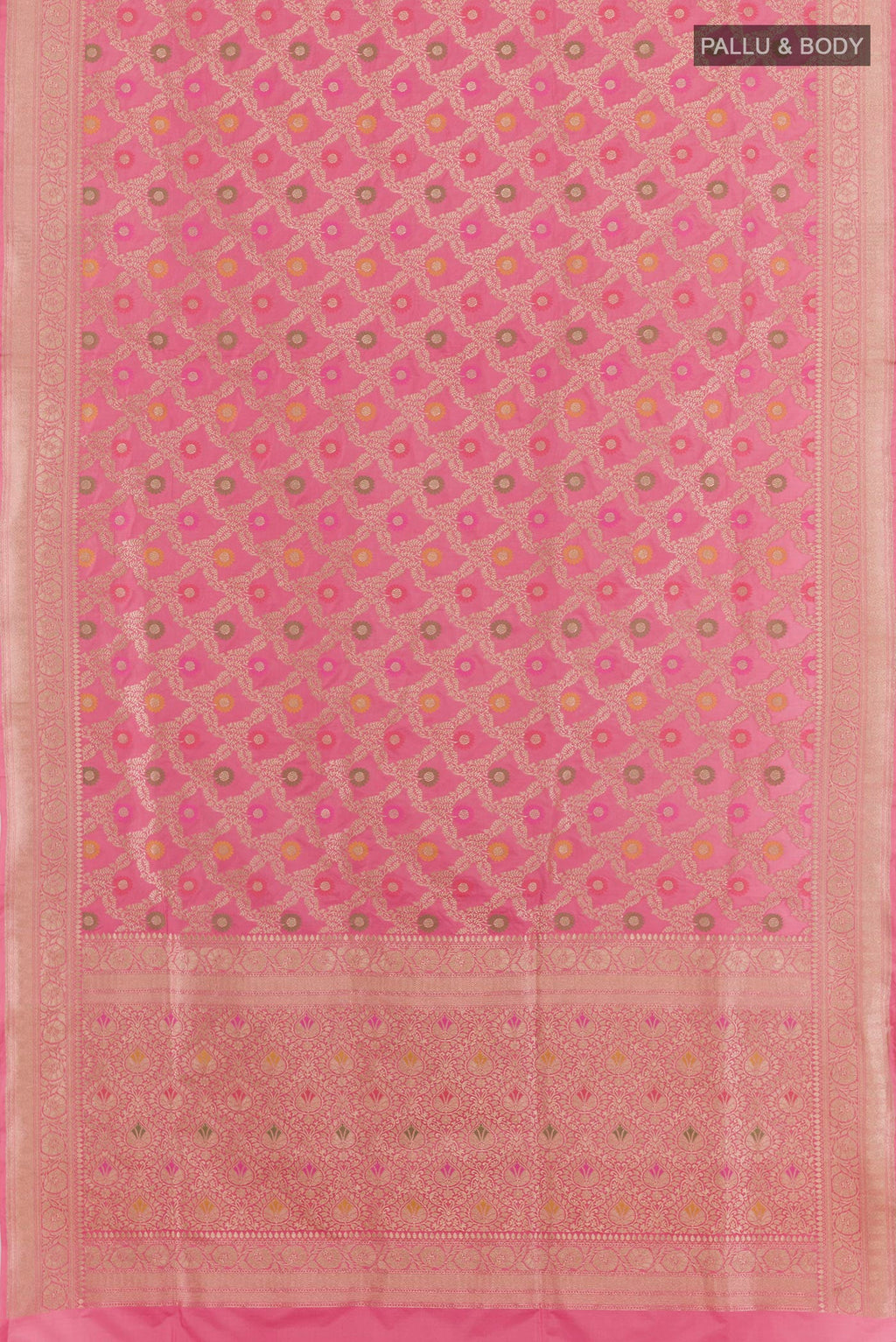 Flat view of Pink Banarasi Silk Saree with Zari Brocade on the body and Zari Border. 